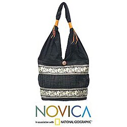 Cotton 'Black Elephant Parade' Shoulder Bag (Thailand)