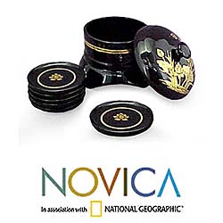 Set of 6 Wood 'Lotus Relief' Lacquered Coasters (Thailand)