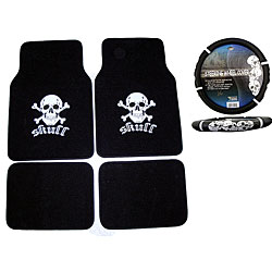 Silver Skull Floor Mat and Steering Wheel Cover Set