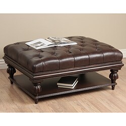 Tufted Brown Leather Ottoman with Shelf