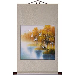 'Cranes and Golden Pond' Chinese Art Wall Scroll Painting