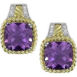 14k Gold and Silver Diamond Amethyst Earrings