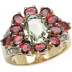 18k Gold over Silver Green Amethyst/ Garnet Flower Ring