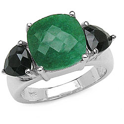 Silver Emerald and Black Sapphire 3-stone Ring
