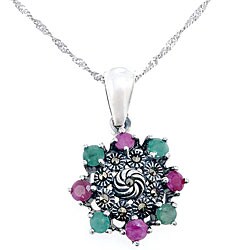 Ruby, Emerald and Sterling Silver Pendant Necklace