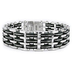 Stainless Steel Men's Black Rubber Link Bracelet