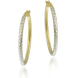 18k Yellow Gold and Sterling Silver Diamond-cut Hoop Earrings