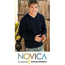Alpaca Wool 'Oceanic' Men's Navy Blue Sweater (Peru)