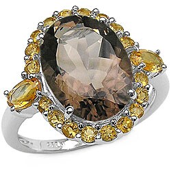 Sterling Silver Genuine Smokey Quartz and Citrine Silver Ring