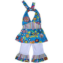 AnnLoren Boutique Girls Blue Hawaiian Halter/ Capri Set