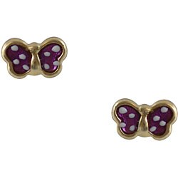 14k Yellow Gold Purple Enamel Butterfly Earrings