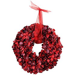 Small Red Faux Hydrangea Wreath with Ribbon