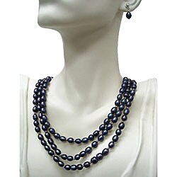 DaVonna Sterling Silver Black Freshwater Pearl 64-inch Jewelry Set (7-8 mm)