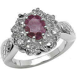 Sterling Silver Ruby and White Topaz Floral Ring (Size 7)