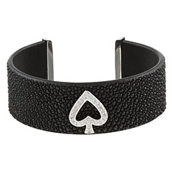 Sterling Silver CZ Spades Suit Textured Leather Cuff