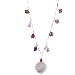 Charming Life Silver White Coin Pearl and Amethyst Fringe Necklace (16 mm)