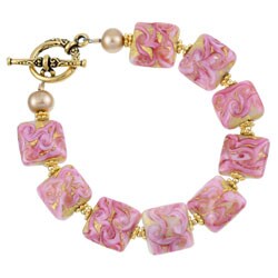 Charming Life Goldtone Pink Square Ceramic and FW Pearl Bracelet (7.5-8 mm)