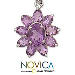 Sterling Silver 'Lilac Sunflower' Amethyst Necklace (India)