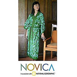 Women's Cotton 'Spearmint Clouds' Batik Robe (Indonesia)
