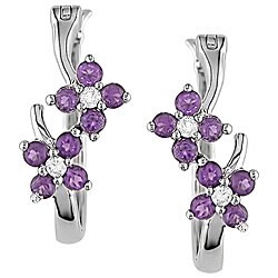 14k White Gold Amethyst and Diamond Hoop Earrings