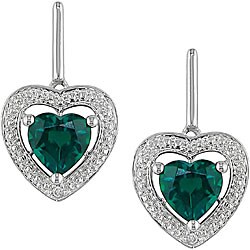 10k Gold Created Emerald and Diamond Heart Earrings