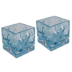 Aquamarine Glass Daisy Vase/ Hurricane Lamps (Set of 2)