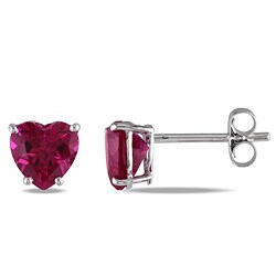 10k White Gold Created Ruby Heart Earrings