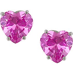 10k Gold Created Pink Sapphire Heart Stud Earrings