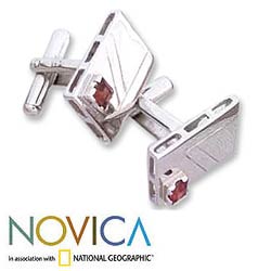 Sterling Silver Garnet 'Modern Geometry' Cuff Links (India)