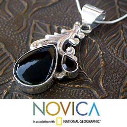 Sterling Silver 'Black Blush' Onyx and Garnet Necklace (India)