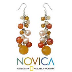 Silver Pearl/ Carnelian 'Gushing Orange' Earrings (Thailand)