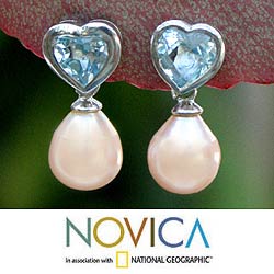 Sterling Silver 'Blue Hearts' Pearl/ Topaz Earrings (Thailand)