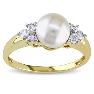 14k Gold Cultured Pearl and 1/5ct TDW Diamond Ring (7-7.5 mm)