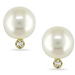 10k Yellow Gold FW Pearl and Diamond Earrings (6-6.5 mm)