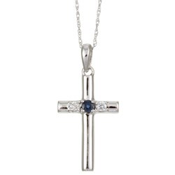 14k White Gold Blue Sapphire and Diamond Cross Necklace