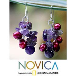 Pearl and Amethyst 'Jungle Orchid' Cluster Earrings (Thailand)