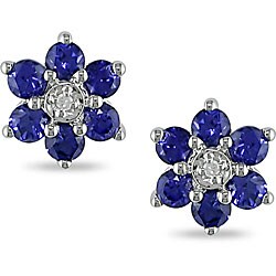 10k Gold Created Tanzanite and Diamond Flower Earrings