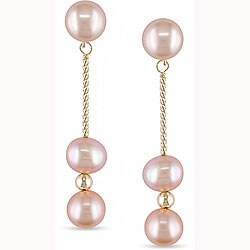14k Yellow Gold Pink FW Pearl Drop Earrings (6-6.5 mm)