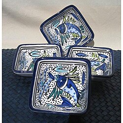 Set of 4 Aqua Fish 3-inch Square Sauce Dishes (Tunisia)