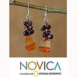 Silver Pearl/ Garnet 'Blossoming Sun' Earrings (Thailand)