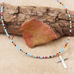 Sterling Silver Cross Charm Turquoise Bead Necklace (USA)