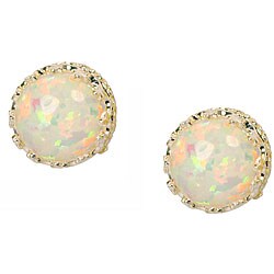 10k White Gold Round Synthetic Opal Earrings