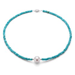 DaVonna Sterling Silver Turquoise/ Freshwater Pearl Necklace (12-13 mm)