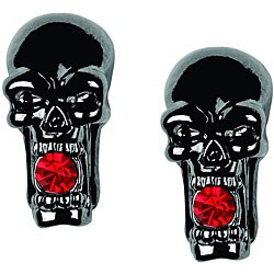 Pewter Red Crystal Black Skull Earrings