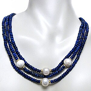 DaVonna 14k Yellow Gold Blue Lapis and FW Pearl Necklace (11-12 mm)