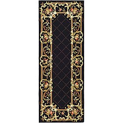 Hand-hooked Trellis Black Wool Rug (3' x 12')
