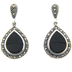 Sterling Silver Marcasite and Black Onyx Teardrop Earrings | Overstock.com