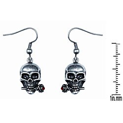 Pewter Red Crystal 'Skull with Rose' Earrings