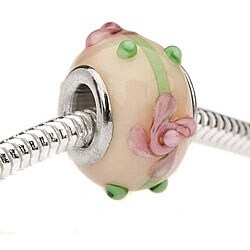 Glass Lampwork 14-mm Ivory/ Pink Flower European-style Charm Beads (Pack of 2)