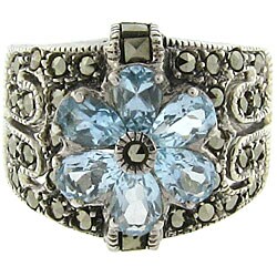 Sterling Silver Blue Cubic Zirconia and Marcasite Flower Ring
